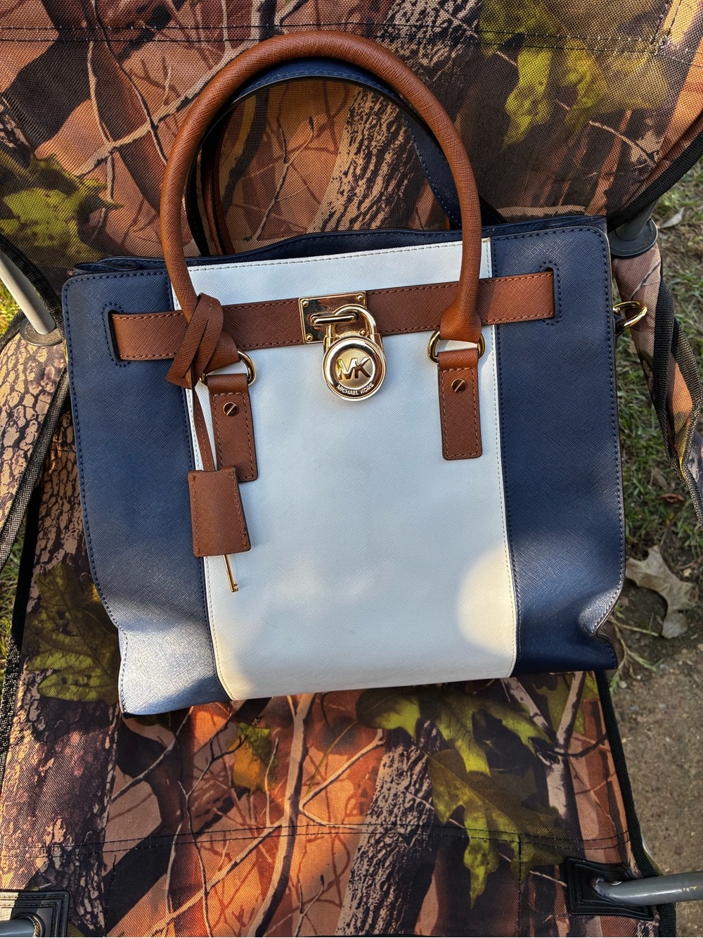 Michael Kors Navy, White & Brown Leather Satchel with Gold Hardware